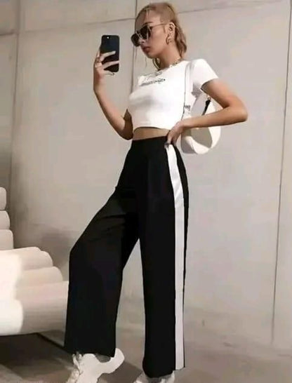 Women's Hight Waist Wide-Leg Jogger Pant Black & White Stripe